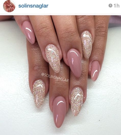 Classy Nails With Glitter, Mauve And Gold Nails, Nude And Glitter Nails, Glitter Nails Almond Shape, Mauve Nails With Glitter, Almond Nude Nails With Glitter, Pink And Gold Glitter Nails, Rose Gold And Pink Nails, Rose Gold Almond Nails