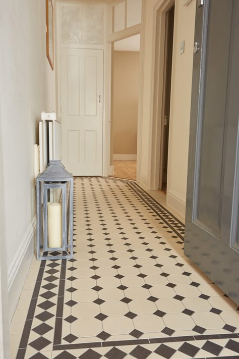 Victorian Tiles Porch, Victorian Hallway Tiles, Hallway Tiles, Hallway Tiles Floor, Octagon Tile, Hall Tiles, Black And White Tile, Floor Vinyl, Victorian Hallway