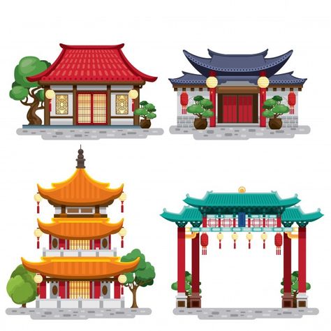 Conjunto de edifícios tradicionais chine... | Premium Vector #Freepik #vector #casa #chines #china #edificios Chinese House Drawing, Traditional Chinese Buildings, Building Illustration Vector, Traditional Chinese House, Chinese Buildings, China House, Chinese House, Ancient Chinese Architecture, Japanese Pagoda