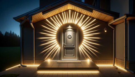 Stepping up your outdoor lighting game to celestial levels, using Neon flex LED to create a sunburst design around your front door can turn any evening arrival into a sunrise moment. This vibrant approach not only sets a dramatic tone for your entryway but also ensures that your home stands out with a distinctive and modern aesthetic. It’s like having your personal slice of daylight, ready to greet you no matter the time. Neon Flex Led, Backyard Lights, Door Lighting, Front Door Lighting, Neon Flex, Backyard Lighting, Path Lights, Entrance Doors, House Entrance