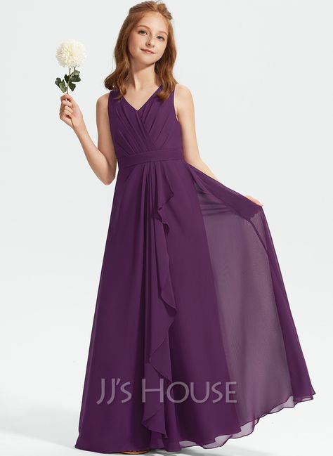 A-Line V-neck Floor-Length Chiffon Junior Bridesmaid Dress With Ruffles (009234011) - JJ's House Purple Junior Bridesmaid Dresses, Bridsmade Dresses, Dark Purple Bridesmaid Dresses Long, Jr Bridesmaid Dresses Purple, Purple Bridesmaid Dresses Long, Dark Purple Bridesmaid Dresses, Jr Bridesmaid, Purple Flower Girl Dress, Offbeat Wedding