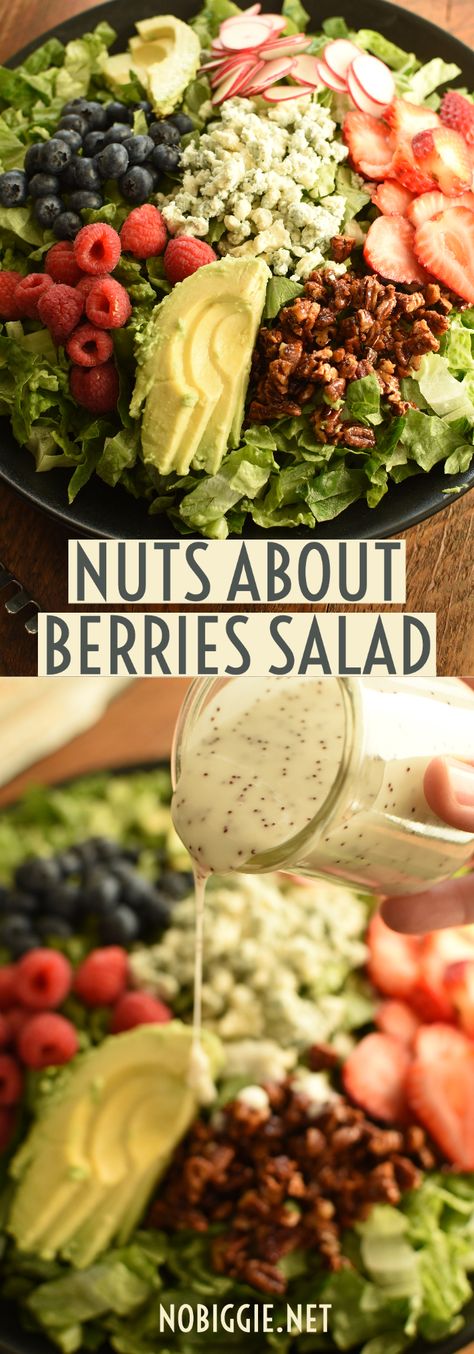 Nuts About Berries Salad | NoBiggie Nuts About Berries Salad, Homemade Poppyseed Dressing, Berries Salad, Salad Macaroni, Blue Cheese Crumbles, Keto Salads, Poppyseed Dressing, Candied Almonds, Romaine Lettuce Salad