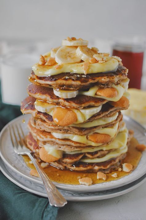 Banana Pudding Pancakes - Pancakes Make People Happy Banana Pudding Pancakes, Recipe For Banana Pudding, Pudding Pancakes, Super Fluffy Pancakes, Vegan Butter Substitute, Easy Banana Pudding, Banana Cream Pudding, Pancakes Pancakes, Homemade Banana Pudding