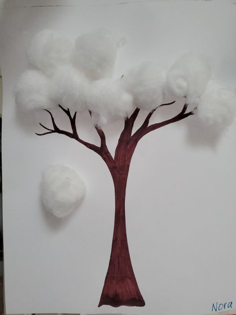 I drew the tree trunk and branches, and the toddler stuck the cotton balls on the pre-glued paper. Cotton Ball Crafts, Trees For Kids, Elephant Crafts, Mixed Media Art Projects, Snowflake Craft, Work Pictures, Memory Tree, Snow Covered Trees, Winter Crafts For Kids