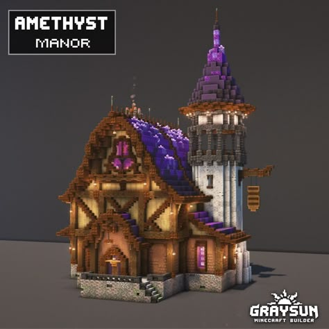 Minecraft Fantastic House, Mincraft Idea Houses Magical, Cool Minecraft Houses Mansions, Magic Minecraft Houses, Amethyst Manor Minecraft, Cute Minecraft Fantasy House, Minecraft House Ideas Castle, Minecraft Fantasy Wall Designs, Modded Mc House