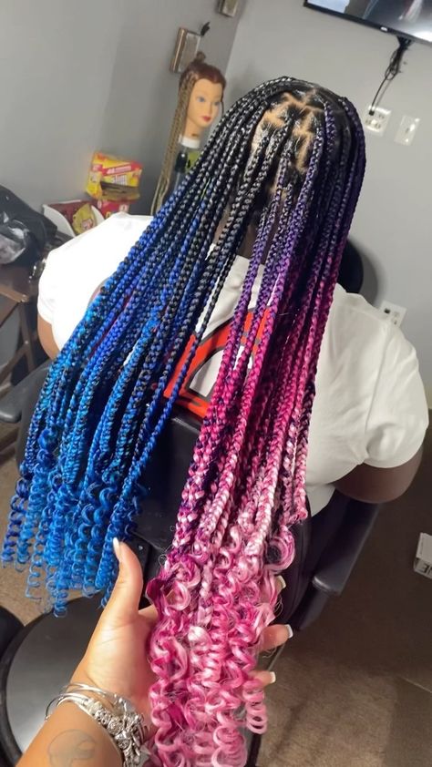 Pink Blue And Black Knotless Braids, Pink And Blue Knotless Braids, Long Blue Braids, Blue And Purple Braids, Brown And Blue Braids, Pink Purple Braids, Pink And Blue Braids, Box Braids Blue, Hair Dos For Kids