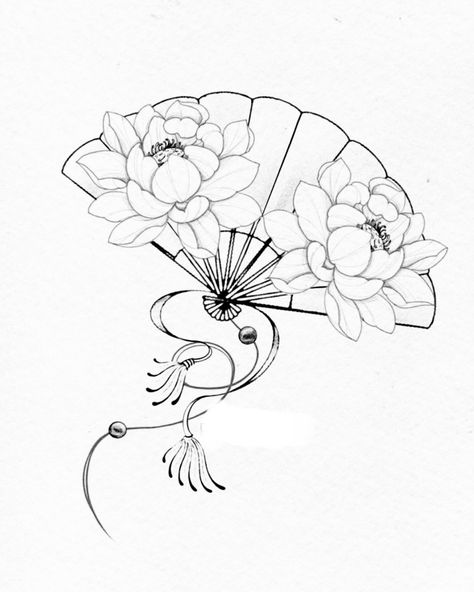 Asian Fan Tattoo Design, Chinese Fan Tattoo Design, Vietnamese Fan Tattoo, Vietnamese Lotus Tattoo, Japanese Hand Fan Tattoo, Korean Fan Tattoo, Chinese Fan Drawing, Japanese Tattoo Art Flower, Fan Tattoo Japanese