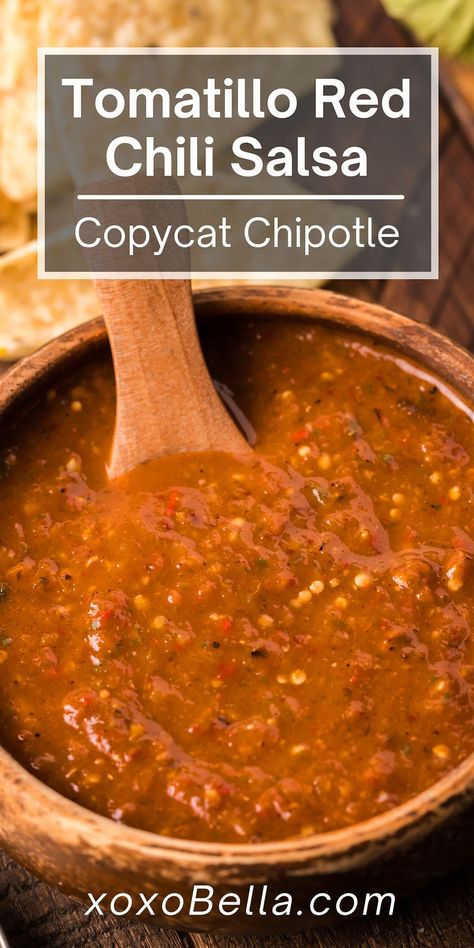 Authentic Mexican Salsa Recipe Red Chili, Chipotle Red Salsa Copycat, Red Tomatillo Salsa, Red Chili Salsa Recipe, Chipotle Hot Salsa, Tomatillo Red Chili Salsa, Chili Salsa Recipe, Red Chili Salsa, Tomatillo Chili