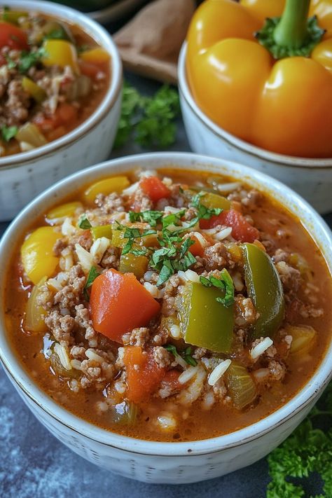 Stuffed Bell Pepper Soup - An Organized Chaos Crockpot Meals With Bell Peppers, Unstuffed Bell Pepper Soup, What To Do With Bell Peppers, Stuffed Pepper Soup Stovetop, Bell Pepper Soup Recipe, Stuffed Green Pepper Soup, Stuffed Bell Pepper Soup, Mushroom Slow Cooker, Green Pepper Soup