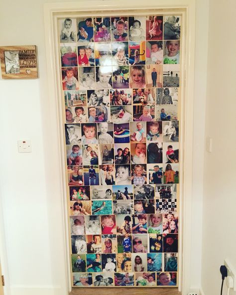 Turning a unused door into a photo collage Photo Wall Door, Photos On Wardrobe Door, Pictures On Closet Door, Door Photo Collage, Picture Door Ideas, Diy Photo Collage Wall, Photo Wall Collage Bedroom, Wall Collage Bedroom, Diy Photo Collage