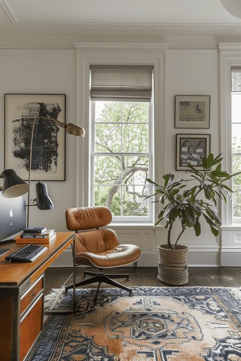 Create an inspiring retreat in your home with these chic office decor ideas. Professor Office, Loft Office Design, White Eames Chair, California Office, Light Wood Desk, Classic Bookshelves, Chic Office Decor, Chic Loft, Wellness Space