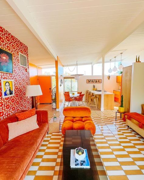 Dani Dazey - Trixie Motel Designer on Instagram: "OMG…Swipe to the end to see photos of the house before we got it 😳 Almost 5 years of owning and slowing upgrading @dazey_desert_house and the before and after is hard to believe. So happy we were able to give this home so much personality and push it to it’s full potential 🧡 Design really does wonders ✨" Dani Dazey, Trixie Motel, 60s Interior, Butterfly Roof, Desert House, Motel Room, House Redesign, Famous Architects, Desert Homes