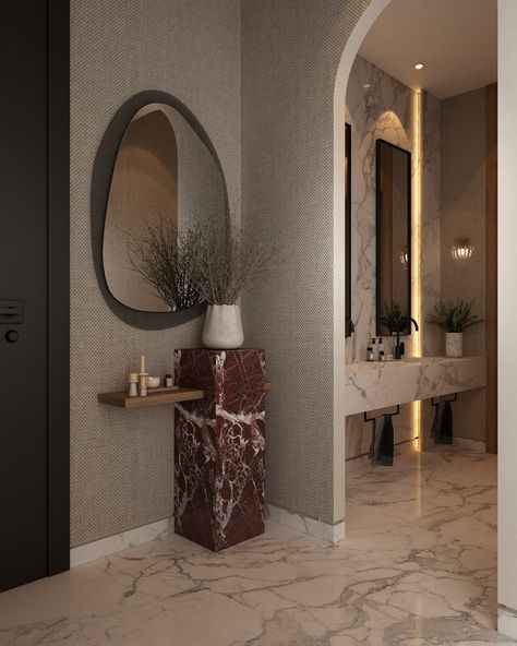 The entrance & wash area from our latest project in Riyadh. . . . #interiordesign #Shabassydesigns #egypt #saudiarabia #uae #homeinspiration #entryway #washarea #bathroom #powderroom #AGresidence Riyadh, Powder Room, Egypt, Entrance, Entryway, Design Ideas, Interior Design, Design