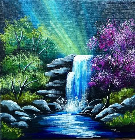 EASY Waterfall Landscape How To Paint Acrylics For Beginners: Paint Night At Home | The Art Sherpa Paint Night At Home, Acrylics For Beginners, Painting For Beginners Videos, Canvas Painting For Beginners, Art Sherpa, Easy Landscape Paintings, The Art Sherpa, Painting Background, Waterfall Paintings