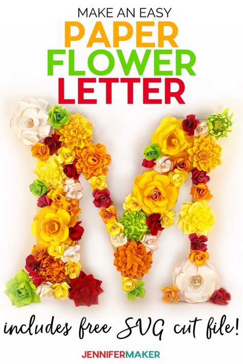 DIY Paper Flower Letter All Art with five free floral patterns and SVG cut files #cricut #paperflower #homedecor Paper Flower Letters, Cricut Flowers, Letters Template, Jennifer Maker, Ikea Crafts, Paper Dahlia, Valentine Mailbox, Paper Purse, Flower Letter