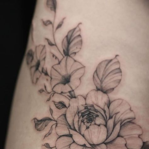 66 likes, 1 comments - raeatwoodtattoos on April 23, 2024: "Rose and morning glory hip for Maria. 🫶🏻". Morning Glory Tattoo, Glory Tattoo, Morning Glory, Tatting, Tattoos