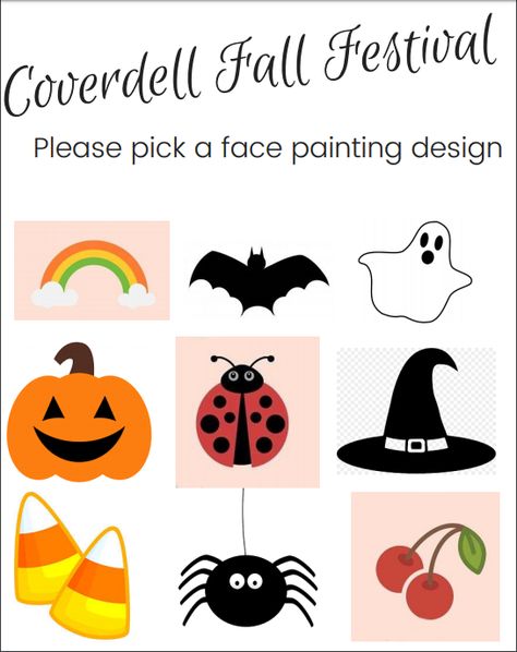 Coverdell Fall Festival Face Painting Designs 2018 Halloween Party Face Painting, Fall Cheek Face Painting, Simple Face Painting For Halloween, Face Paint Ideas Halloween Easy, Pumpkin Patch Face Painting, Fall Festival Face Painting Booth, Small Halloween Face Paint Ideas, Simple Pumpkin Face Paint, Easy Fall Festival Face Painting Ideas