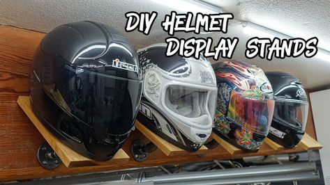 Helmet Display Ideas, Motorcycle Helmet Display, Diy Helmet, Helmet Stand, Helmet Display, Helmet Storage, Diy Motorcycle, Corkboard Ideas, Motorbike Helmet