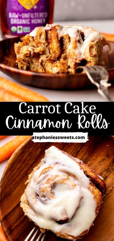 These carrot cake cinnamon rolls are full of carrots and spices to taste just like a carrot cake in cinnamon roll form! They are super soft and topped with cream cheese frosting. Carrot Cake Rolls, Carrot Cake Cinnamon Rolls Easy, Carrot Cinnamon Rolls, Carrot Dessert Recipes, Carrot Roll, Carrot Cake Cinnamon Rolls, Carrot Recipes Dessert, Cake Cinnamon Rolls, Cinnamon Roll Desserts