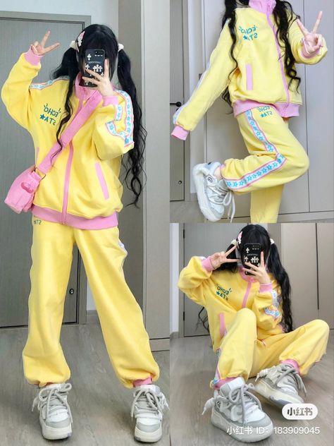 Pink Yellow Blue Outfit, Y2k Colorful Outfits, Y2k Lookbook, Japanese Street Fashion Harajuku, Pose Standing, Harajuku Aesthetic, Bright Outfits, Future Outfit, Yellow Outfit