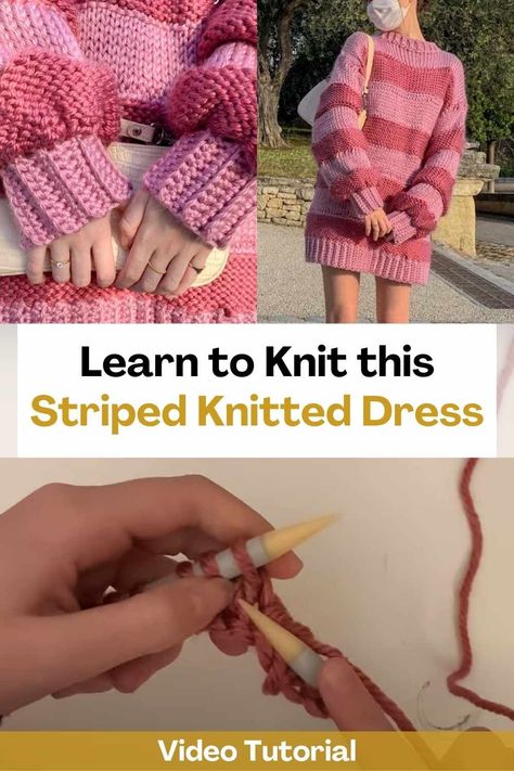 Knit Sweaters Colorful, Things You Can Knit, Simple Knit Projects, Diy Knit Dress, Free Knit Dress Pattern, Knit Dress Tutorial, Easy Knit Clothes, How To Knit A Dress, Knit Clothing Patterns