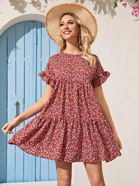 Babydoll Dress Outfit, Mini Babydoll Dress, Mini Frock, Summer Day Dresses, Floral Babydoll Dress, Red Dress Short, Stylish Party Dresses, Red Dress Style, Summer Dress Outfits