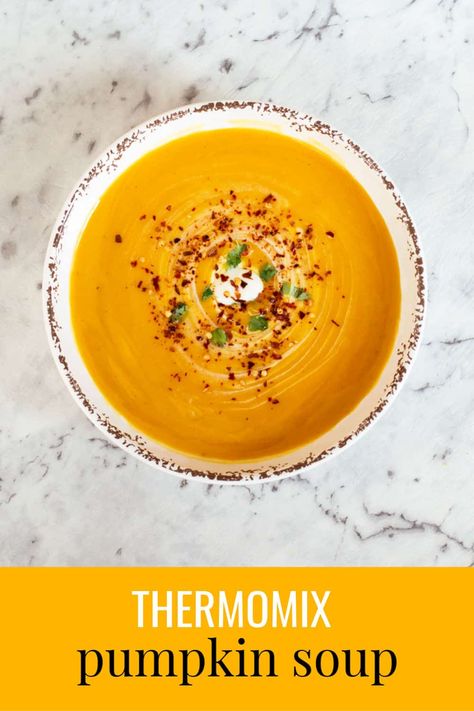 Thermomix Pumpkin Soup with a hint of Ginger, Chilli & Lime - the perfect way to beat the winter chill. Thermomix Pumpkin Soup, Pumkin Soup, Thermomix Recipes Dinner, Thermomix Soup, Vegan Pumpkin Soup, Roast Pumpkin Soup, Thermomix Baking, Pumpkin Soup Recipe, Roasted Pumpkin