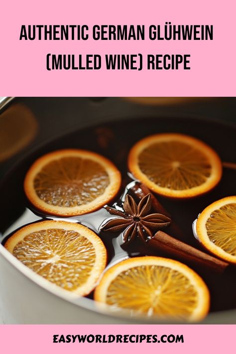 This authentic German Glühwein (mulled wine) recipe brings the warmth of Christmas markets into your home. Learn how to make traditional German mulled wine with red wine, oranges, and aromatic spices. Perfect for cozy winter evenings or holiday drinks. German Mulled Wine Recipe, Glue Wine, German Appetizers, Wine Recipes Drink, Italian Main Dishes, Mulled Wine Recipe, Wine Recipe, Spiced Wine, Dry Red Wine