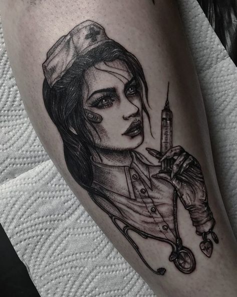 Blackwork nurse portrait tattoo Neotraditional Nurse Tattoo, Gothic Nurse Tattoo, Nurse Portrait Tattoo, Zombie Nurse Tattoo, Nurse Inspired Tattoos, Er Nurse Tattoo, Nurse Sleeve Tattoos For Women, Nurse Tattoo Ideas Sleeve, Nurse Pinup Tattoo