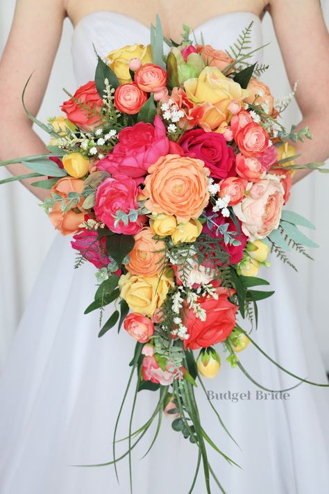 Click to open gallery Bright Pink Orange Yellow Wedding, Pink Yellow Green Wedding Theme, Sunset Floral Wedding, Wild Rose Bouquet, Multicolor Wedding Bouquet, Colorful Wedding Pallet, Bright Summer Wedding Colors, Bright Pink Wedding Theme, Yellow Orange Pink Wedding