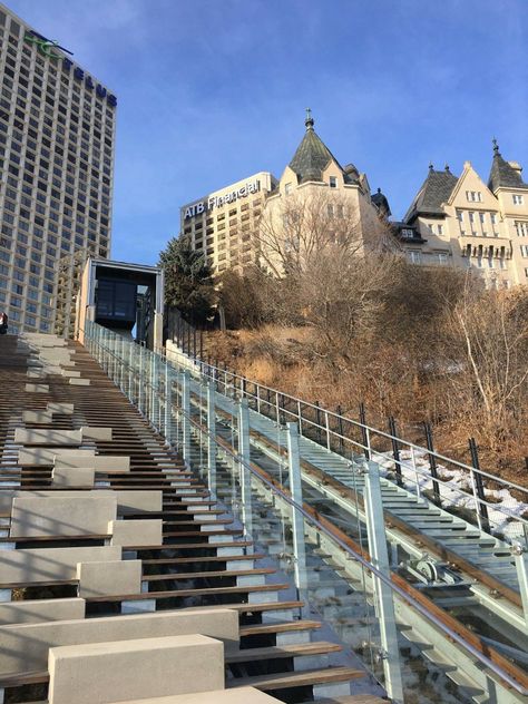 The 100 street Funicular is now open in downtown Edmonton! Downtown Edmonton, I Am Canadian, Edmonton Alberta, Alberta Canada, Now Open, Travel Goals, Amazing Places, Dream Destinations, Winter Scenes