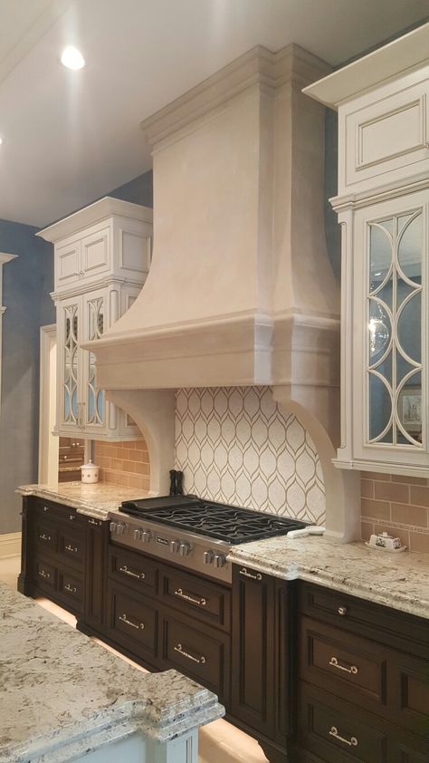 Stone Hoods In Kitchen, Lago Kitchen, Cast Stone Range Hood, Chris Cooper, Hood Range, Spanish Style Kitchen, Kitchen Hood Design, Hood Ideas, Hood Vent