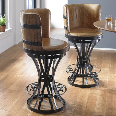 These Barrel Bar Stools Are Perfect For Any Rustic Home Bar Barrel Bar Stools, Bar Furniture Design, Wine Barrel Chairs, Stool Diy, Wine Barrel Bar, Rustic Home Bar, Wine Barrel Ideas, Wine Barrel Table, Barrel Chairs