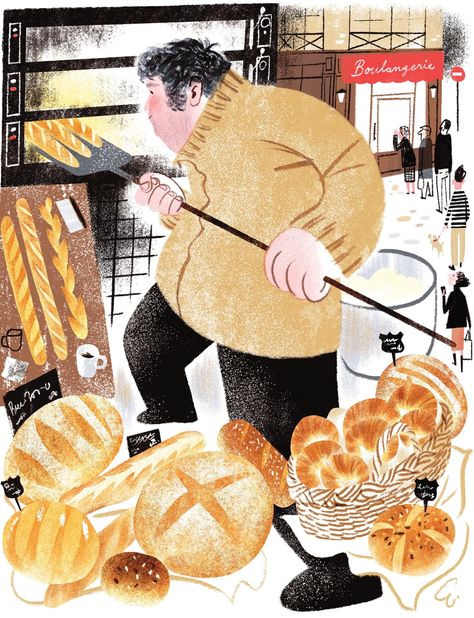 Leo Espinosa - Baking Bread in Lyon | The New Yorker Bakery Illustration, Bread Art, Books Illustration, Picture Books Illustration, Shop Illustration, Book Illustration Art, Baking Bread, Food Drawing, Food Illustration