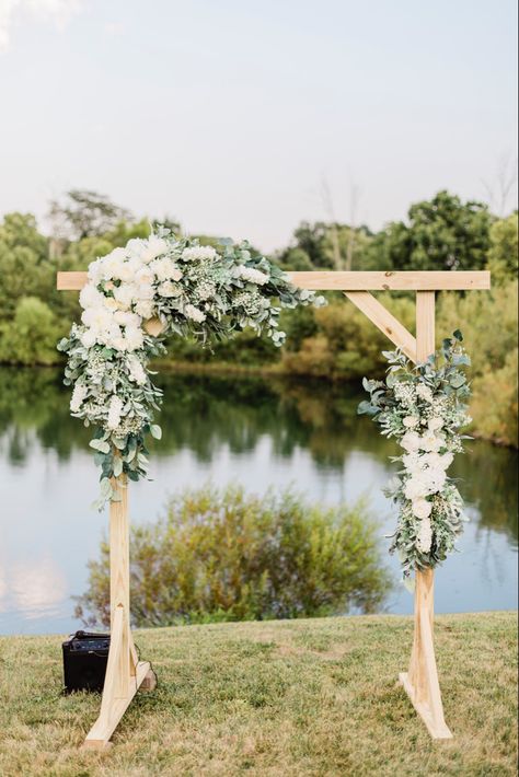 Wedding Arbor With Flowers, Arbor Decorations Wedding Simple, Home Made Wedding Arch, Diy Arch Floral Arrangement, Outside Wedding Ceremony Arch, Flowers For Arch Wedding, Eucalyptus Ceremony Decor, Ceremony Arch Flowers Simple, Wedding Arch Ideas Eucalyptus