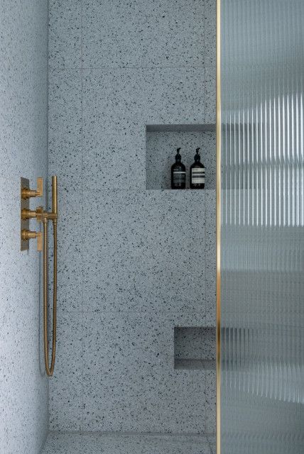 MELBOURNE GROVE - Eclectic - Bathroom - London - by ALL & NXTHING | Houzz AU Terrazzo Shower Wall, Bathroom Shower Tub, Unique Bathrooms, Glass Shower Panels, Ensuite Ideas, Vanities Bathroom, Reeded Glass, Eclectic Bathroom, Cast Iron Radiators