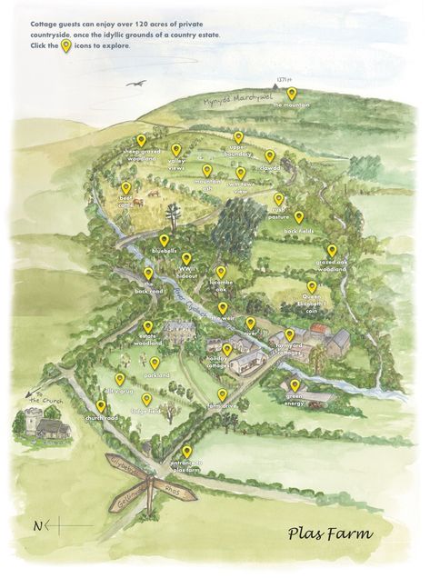 Interactive Farm Map | walescottages.com Farm Map, Maps Illustration Design, Watercolor Farm, Ice Carving, Mountain Ash, Garden Mini, Mini Farm, Illustrated Map, Swansea