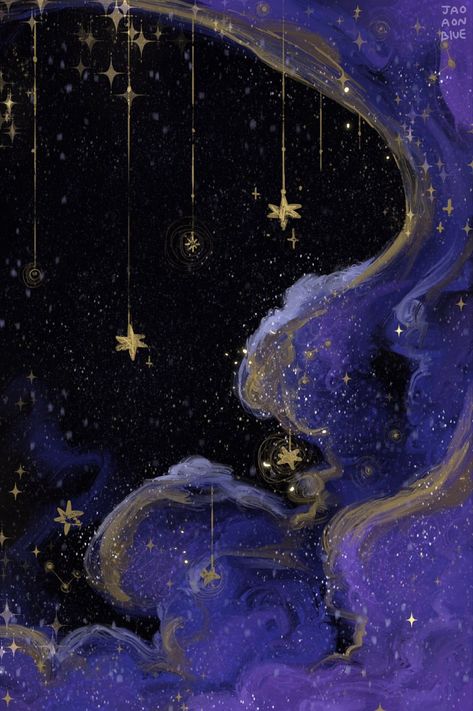 Dark Blue Astrology Aesthetic, Whimsigoth Aesthetic Art, Whimsigoth Moon Art, Ipad Home Wallpaper Aesthetic, Whimsigoth Phone Background, Dreamy Drawing Ideas, Celestial Wallpaper Laptop, Celestial Macbook Wallpaper, Moon Banner Aesthetic