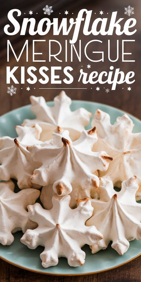 Whimsical Treats: Make your holiday gatherings magical with these adorable Snowflake Meringue Kisses! Beautifully piped and dusted with shimmering sugar, these delightful meringues are not only delicious but also a stunning decoration for any festive occasion! Snowflake Meringue Cookies, Meringue Pops Christmas, Meringue Decoration Ideas, Holiday Meringue Cookies, Snowflake Meringue, Snowflake Food Ideas, Xmas Meringues, Christmas Tree Meringue Cookies, Meringue Recipe Cookies