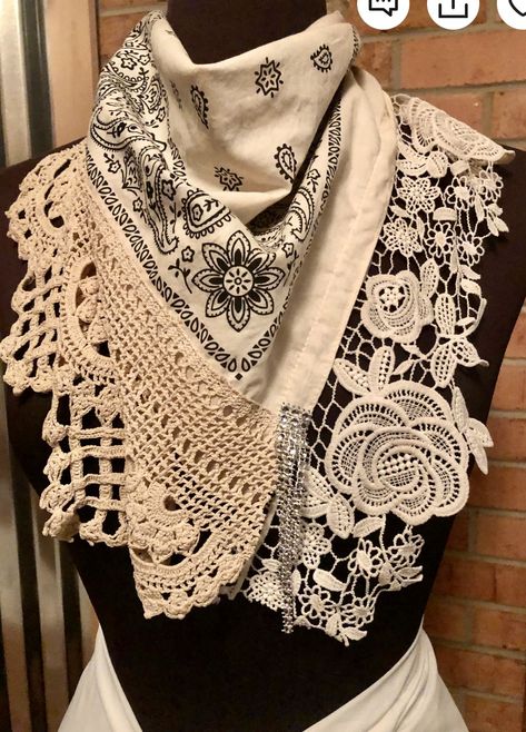 Artsy Clothing, Ropa Upcycling, Scarf Art, Clothing Upcycle, Altered Clothing, Shabby Chic Clothes, Cowgirl Gifts, Upcycle Clothes Diy, Lace Crafts