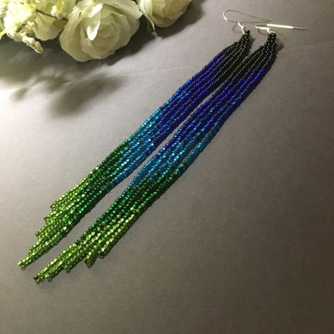 Bead Earrings Black Blue Green Long Earrings Extra Long | Etsy New Zealand Seed Bead Art, Extra Long Earrings, Blue Beaded Earrings, Long Gold Earrings, Beaded Earrings Patterns, Handmade Beaded Jewelry, Earrings Black, Earring Patterns, Seed Bead Earrings