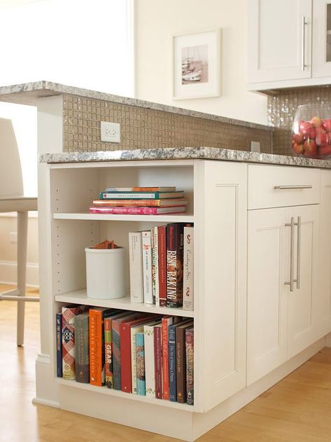 Small Kitchen Bookshelf Ideas, Kitchen Island With Bookcase On End, Shelves At End Of Kitchen Island, Kitchen Island Side Shelf, Bookshelf In Kitchen Island, Shelf At End Of Island, Kitchen Islands With Bookcase End, Kitchen Island Shelves On End, End Of Peninsula Ideas