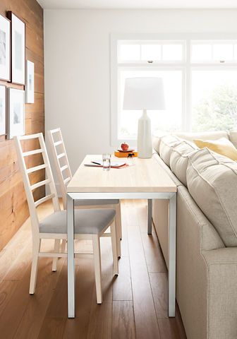 I love the idea of a small table/desk behind the couch for extra seating or as a small desk for paying bills, etc. Extra Seating Ideas, Desk Behind Couch, Cool Home Office, Behind The Couch, Small Living Room Furniture, Living Room Furniture Layout, Desk In Living Room, Dining Room Combo, Living Comedor