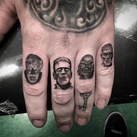 Tattoo uploaded by Xavier | Horror movie monster micro tattoos by Isaiah Negrete. #IsaiahNegrete #blackandgrey #fineline #microtattoo #horror #monster #classic #frankenstein #werewolf | 277016 | Tattoodo Frankenstein Tattoo, Virgo Constellation Tattoo, Horror Movie Tattoos, Monster Tattoo, Knuckle Tattoos, Movie Tattoo, Movie Tattoos, Tattoo Zeichnungen, Tattoo Font