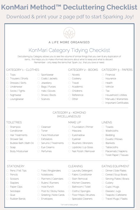 KonMari Checklist declutter your home the Marie Kondo way Konmari Decluttering Checklist, Mary Kondo Organizing, Home Organization Categories, Marie Kondo Checklist, Marie Kondo Organizing Clothes, Uni Packing List, Organise Home, Konmari Method Organizing, Konmari Checklist