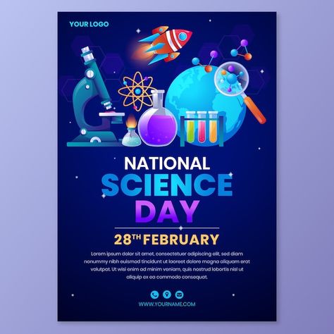 Gradient national science day vertical p... | Free Vector #Freepik #freevector #poster #template #education #science Science Exhibition Poster Design, Science Fair Poster Design, Science Event Poster, Science Day Poster Design, National Science Day Poster, Science Poster Design, Science Day Poster, 3d Poster Design, School Event Poster