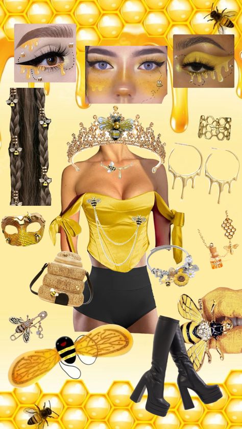 Queen Bee Inspo #bee #queenbee #costume #beecostume #halloween #halloweencostume #costumeinspo #halloweeninspo #halloweencollage Queen Bee Costume, Bee Costume, Queen Costume, Halloween Inspo, Queen Bee, Queen Bees, Mood Boards, Halloween Costumes, Bee