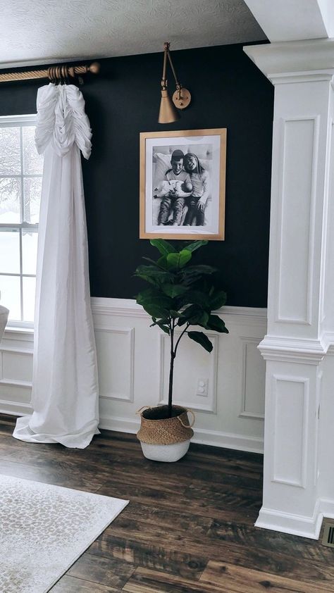 Black And White Wainscoting Living Room, Moody Bedroom Wainscotting, Moldings And Trim Small Room, Wallpaper And Wainscoting Living Room, Wainscoting Black And White, Black Wall Paneling Dining Room, Dining Room Decor With Wainscoting, High Trim On Walls, Black Wall With Chair Rail