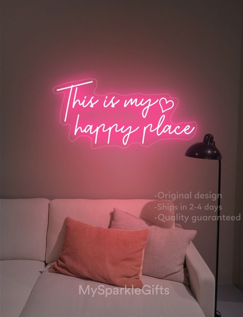 #NeonLightSigns #BrightIdeas #NeonSigns #BrightIdeas Dorm Led Light Ideas, Hanging Chains Decor, Cute Light Up Signs, This Is My Happy Place Neon Sign, Neon Lights Decoration, Neon Signs Bedroom Aesthetic, Neon Signs For Home, Neon Sign Apartment, Neon Sign Above Bed