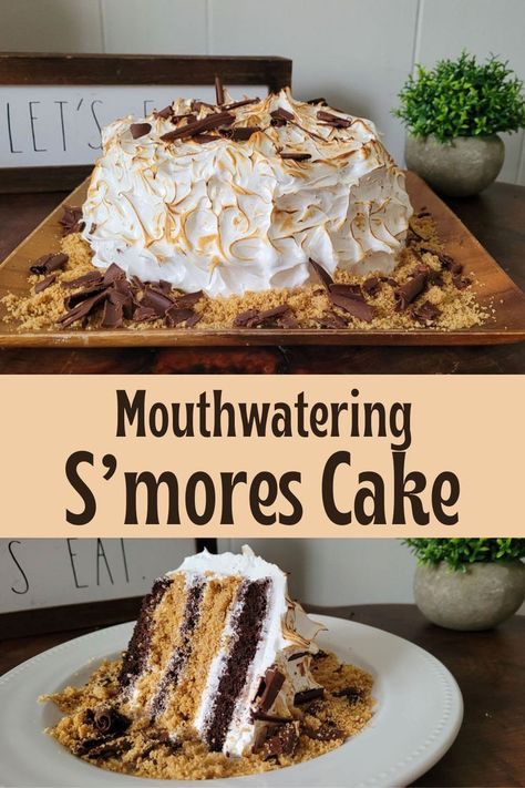 spit photo one with full smores cake and one with a slice of smores cake Smores Cake Recipe, Homemade Smores, Chocolate Cake Layers, Marshmallow Topping, Smores Cake, Marshmallow Treats, Cake Layers, Rich Chocolate Cake, Sweet Snacks Recipes